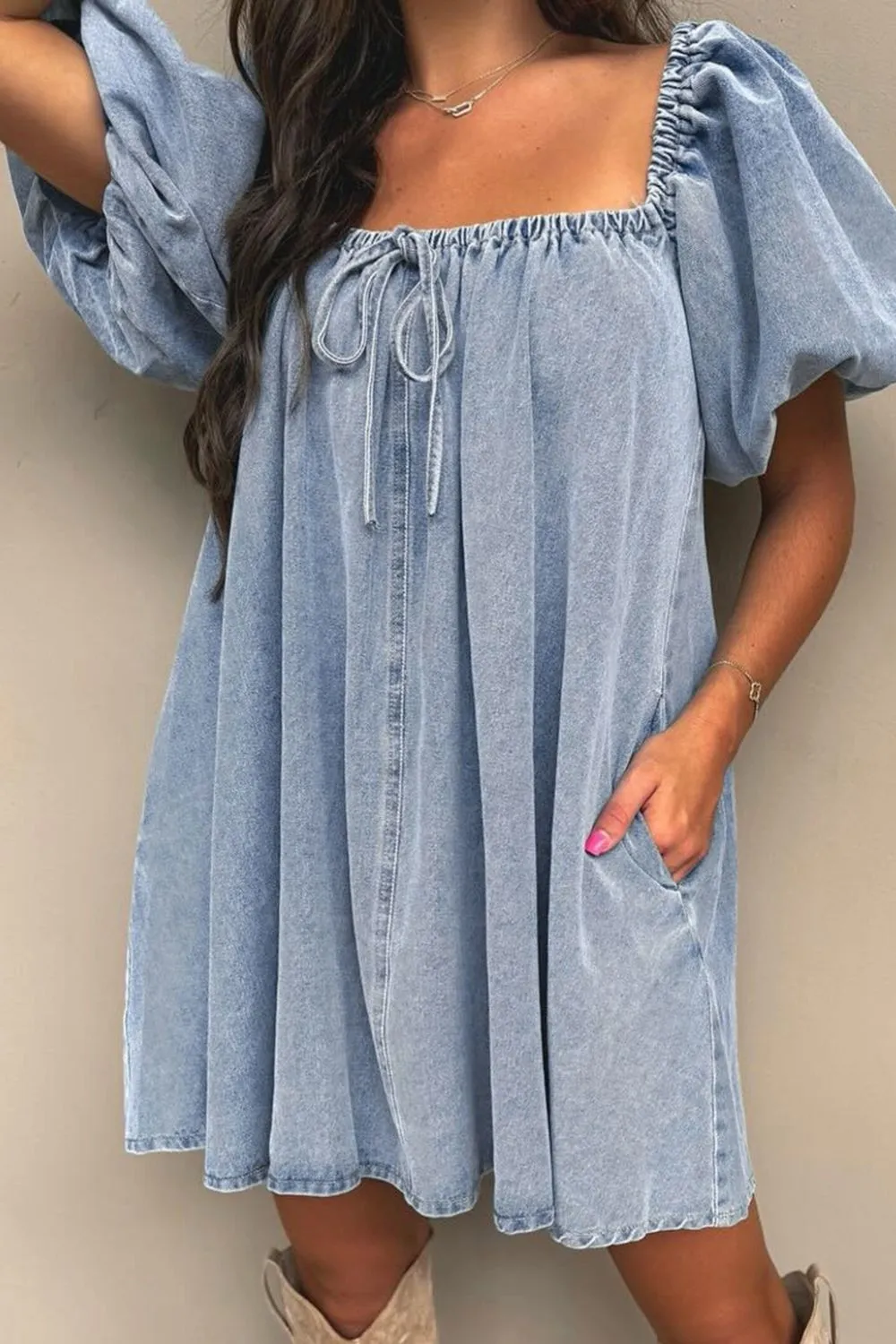 Hazel Blues® |  Bubble Sleeve Square Neck Denim Babydoll Dress