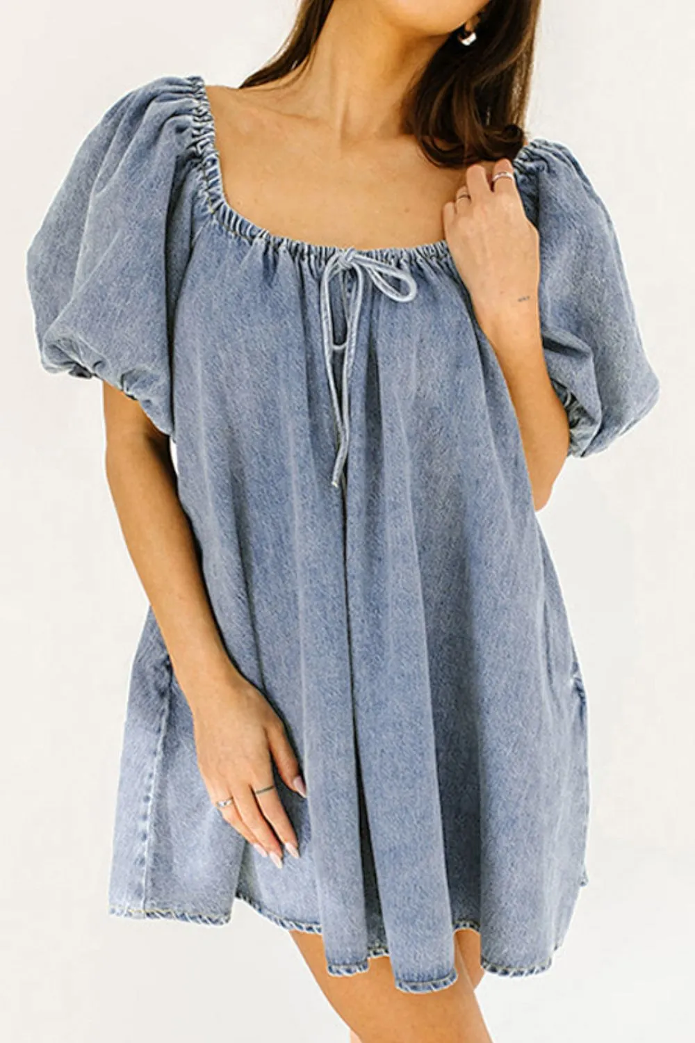 Hazel Blues® |  Bubble Sleeve Square Neck Denim Babydoll Dress