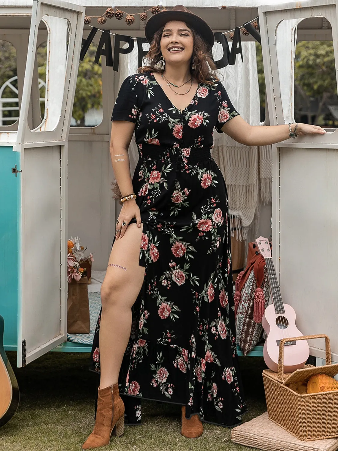 Hazel Blues® | Button Detail Printed V-Neck Short Sleeve Maxi Dress