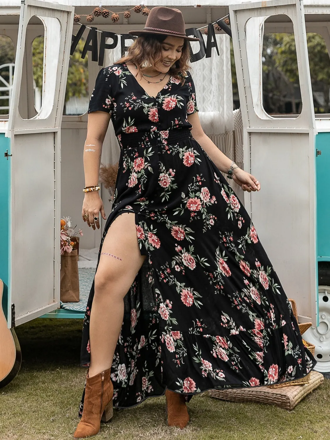 Hazel Blues® | Button Detail Printed V-Neck Short Sleeve Maxi Dress