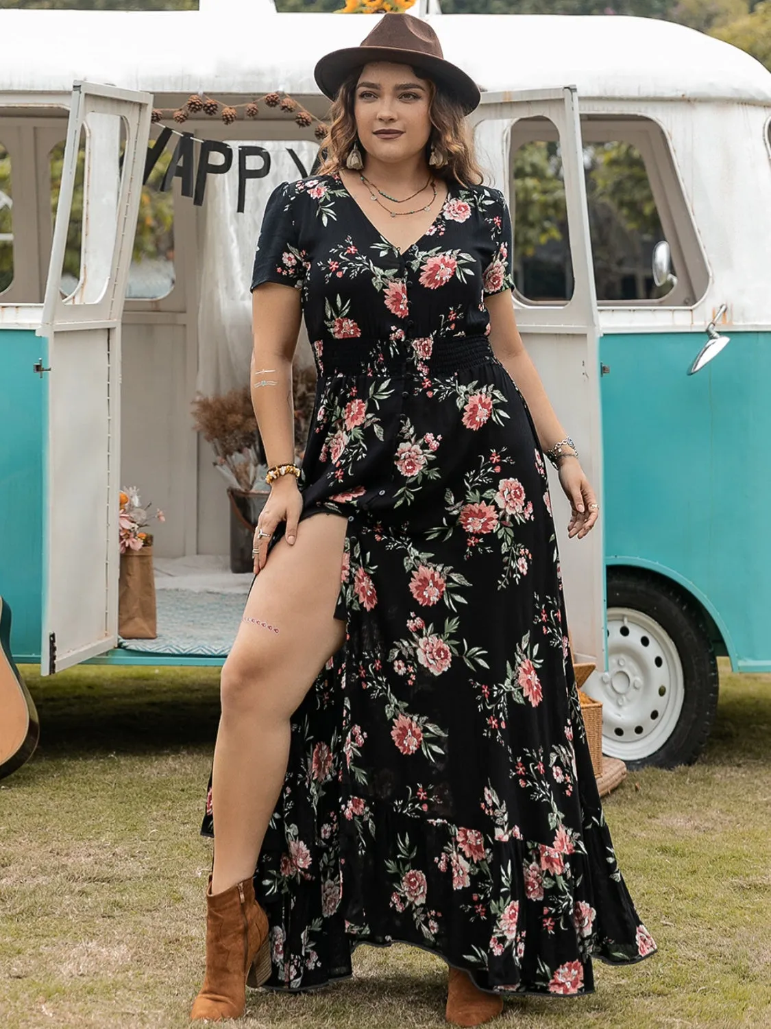 Hazel Blues® | Button Detail Printed V-Neck Short Sleeve Maxi Dress
