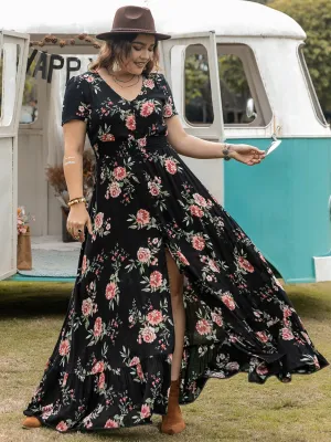 Hazel Blues® | Button Detail Printed V-Neck Short Sleeve Maxi Dress