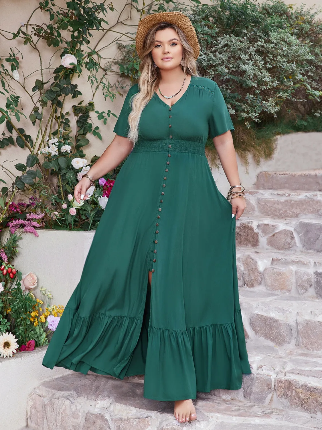 Hazel Blues® | Button Detail V-Neck Short Sleeve Maxi Dress
