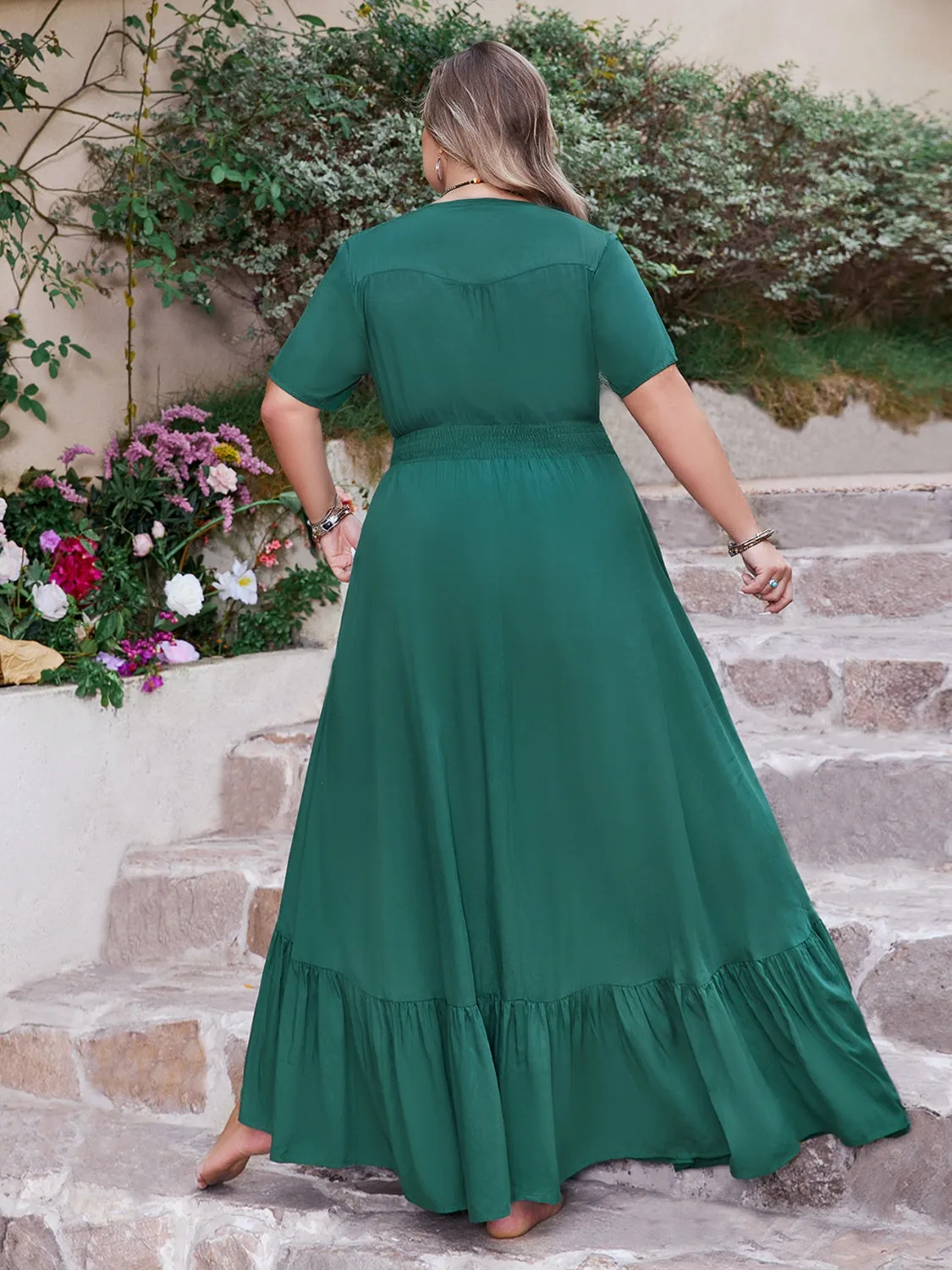 Hazel Blues® | Button Detail V-Neck Short Sleeve Maxi Dress