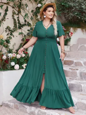 Hazel Blues® | Button Detail V-Neck Short Sleeve Maxi Dress