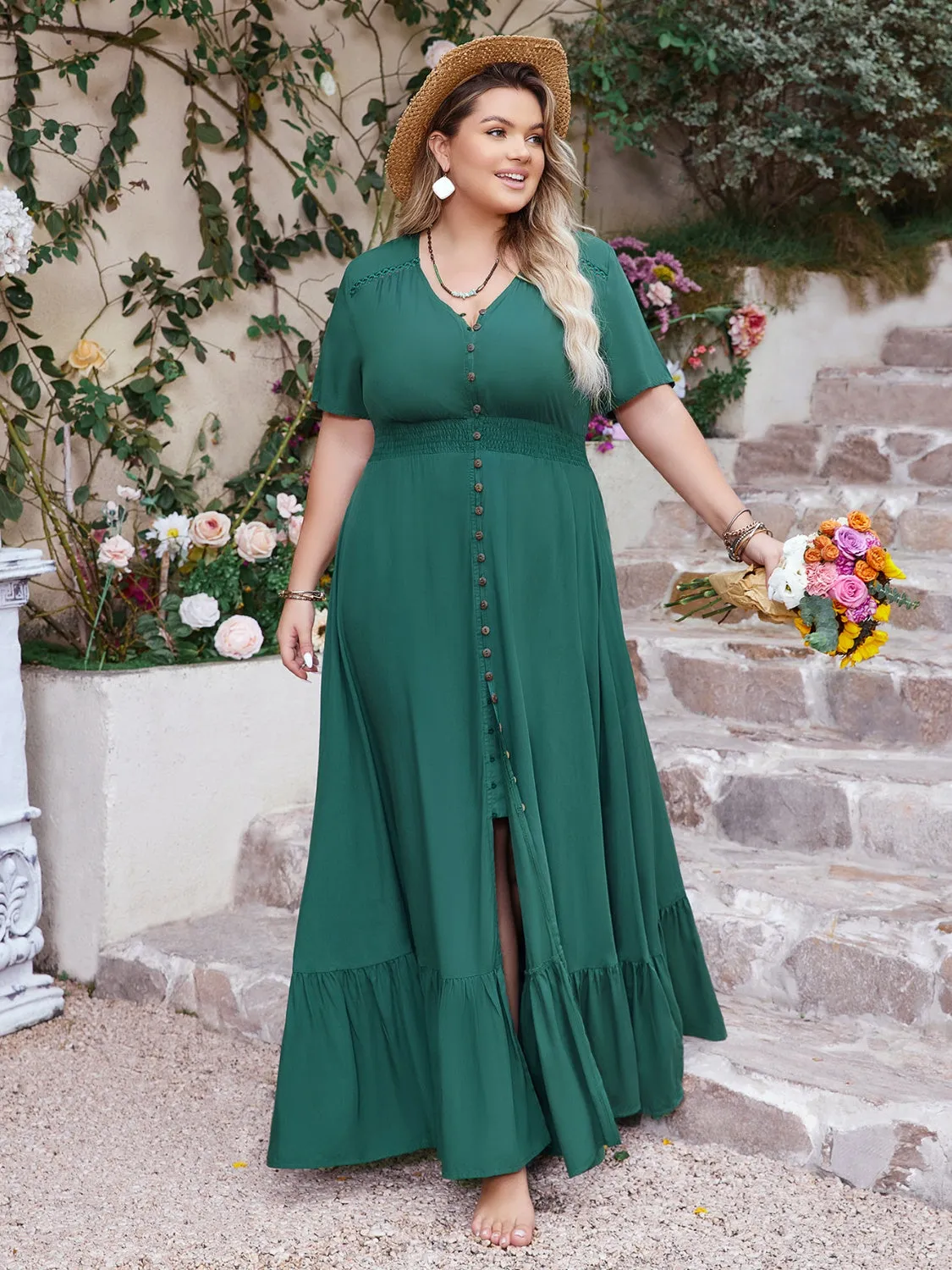 Hazel Blues® | Button Detail V-Neck Short Sleeve Maxi Dress