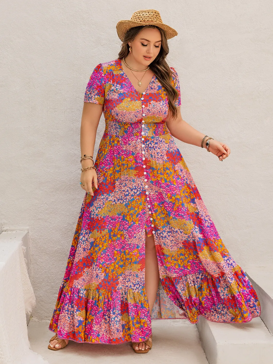 Hazel Blues® | Button Up Printed Short Sleeve Maxi Dress