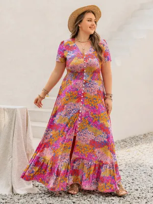 Hazel Blues® | Button Up Printed Short Sleeve Maxi Dress