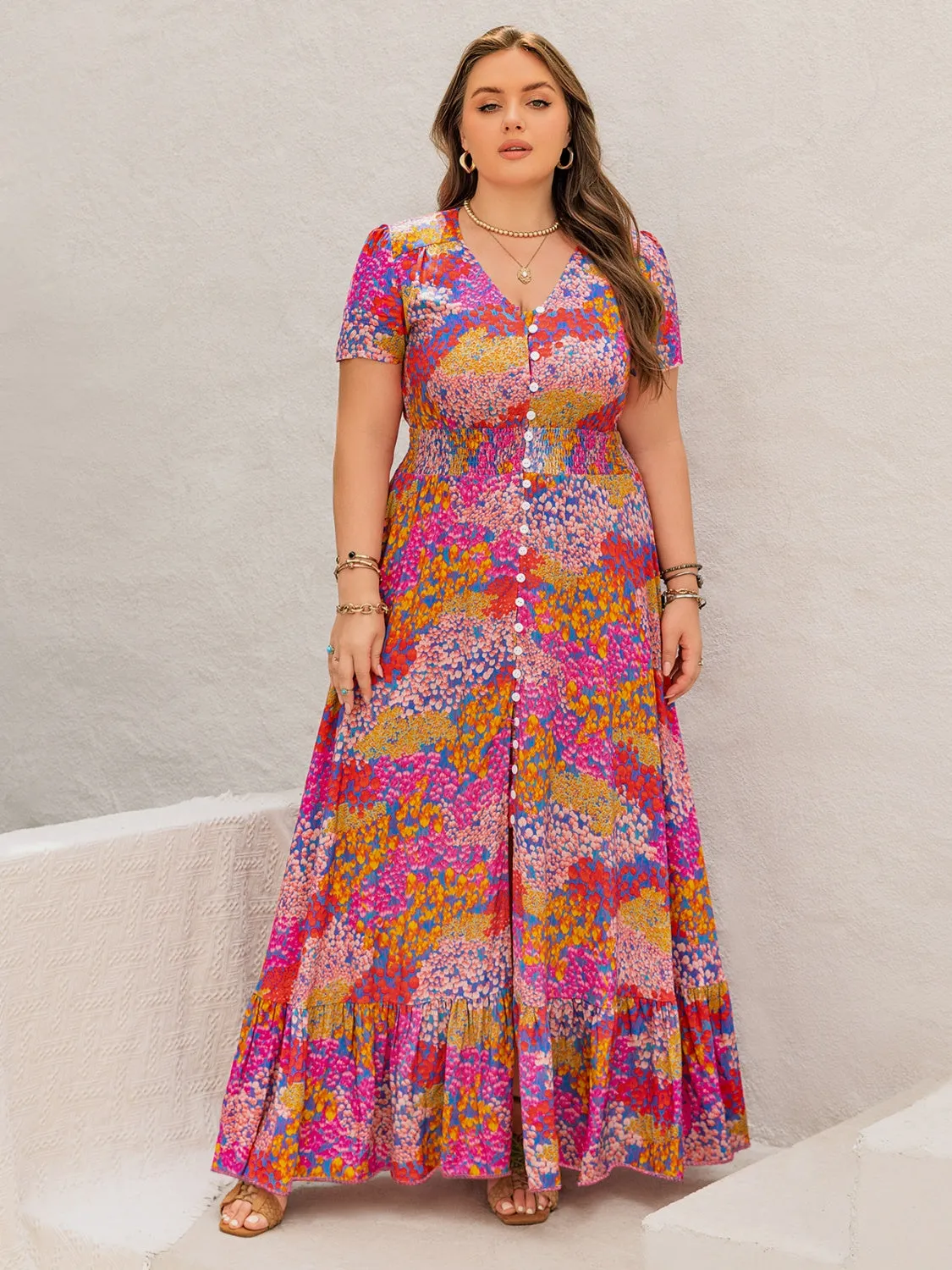 Hazel Blues® | Button Up Printed Short Sleeve Maxi Dress