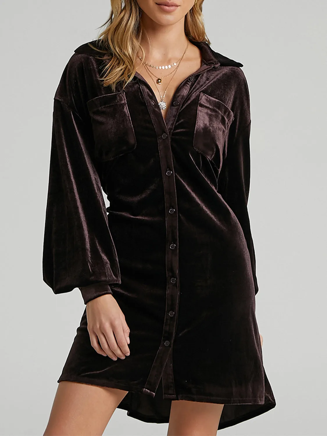 Hazel Blues® |  Collared Neck Button Down Long Sleeve Mini Dress
