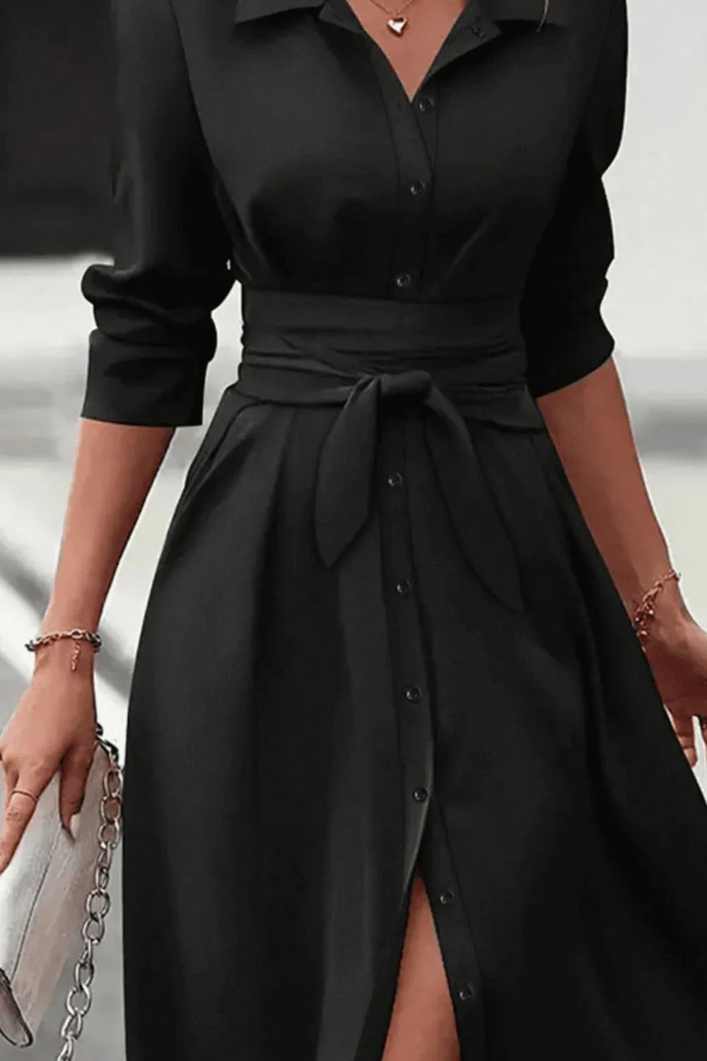 Hazel Blues® |  Collared Neck Long Sleeve Midi Shirt Dress