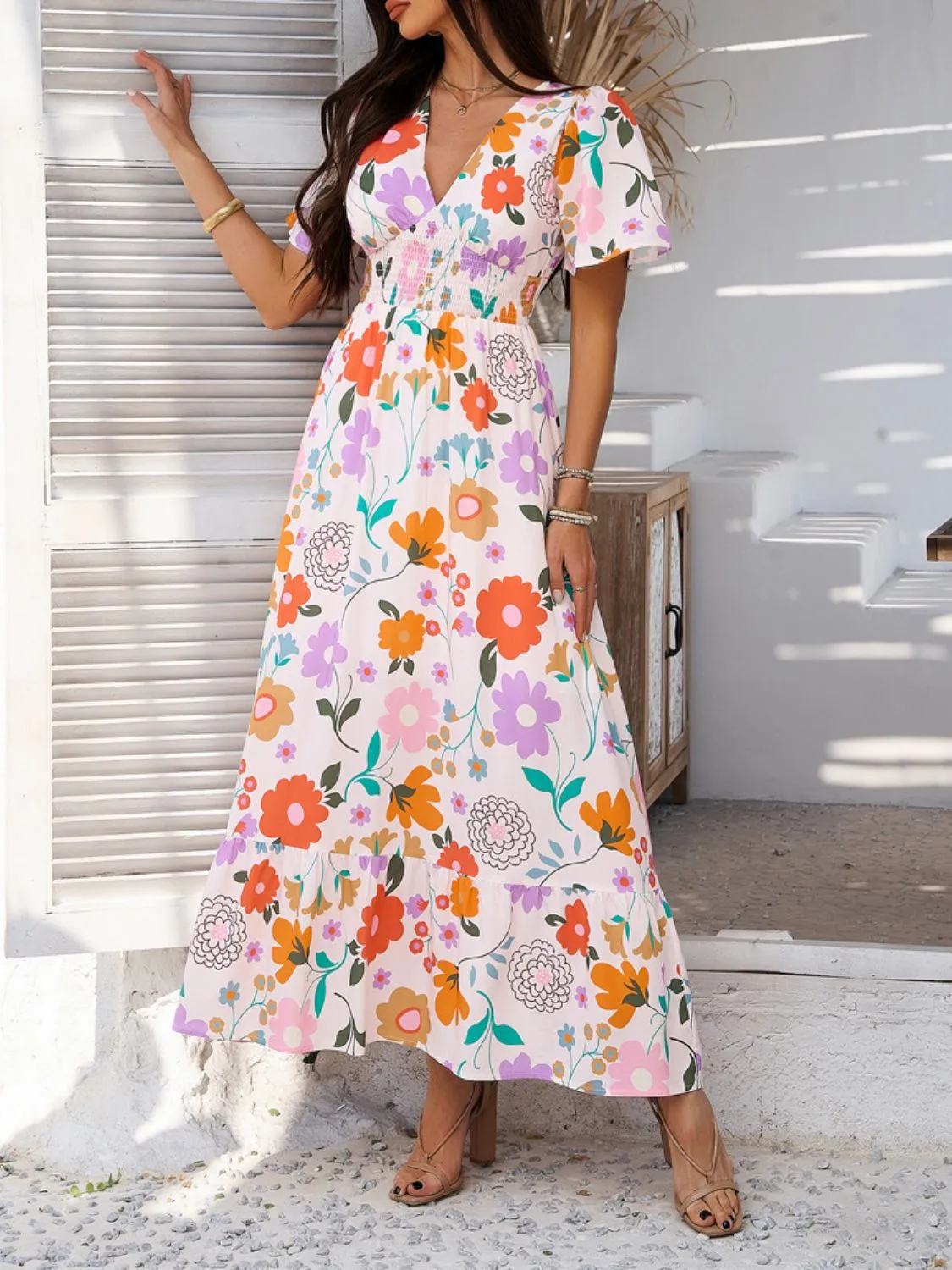 Hazel Blues® |  Devine Smocked Printed V-Neck Short Sleeve Maxi Dress