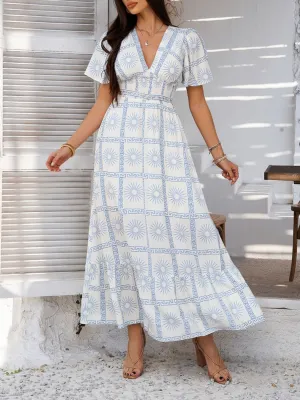Hazel Blues® |  Devine Smocked Printed V-Neck Short Sleeve Maxi Dress