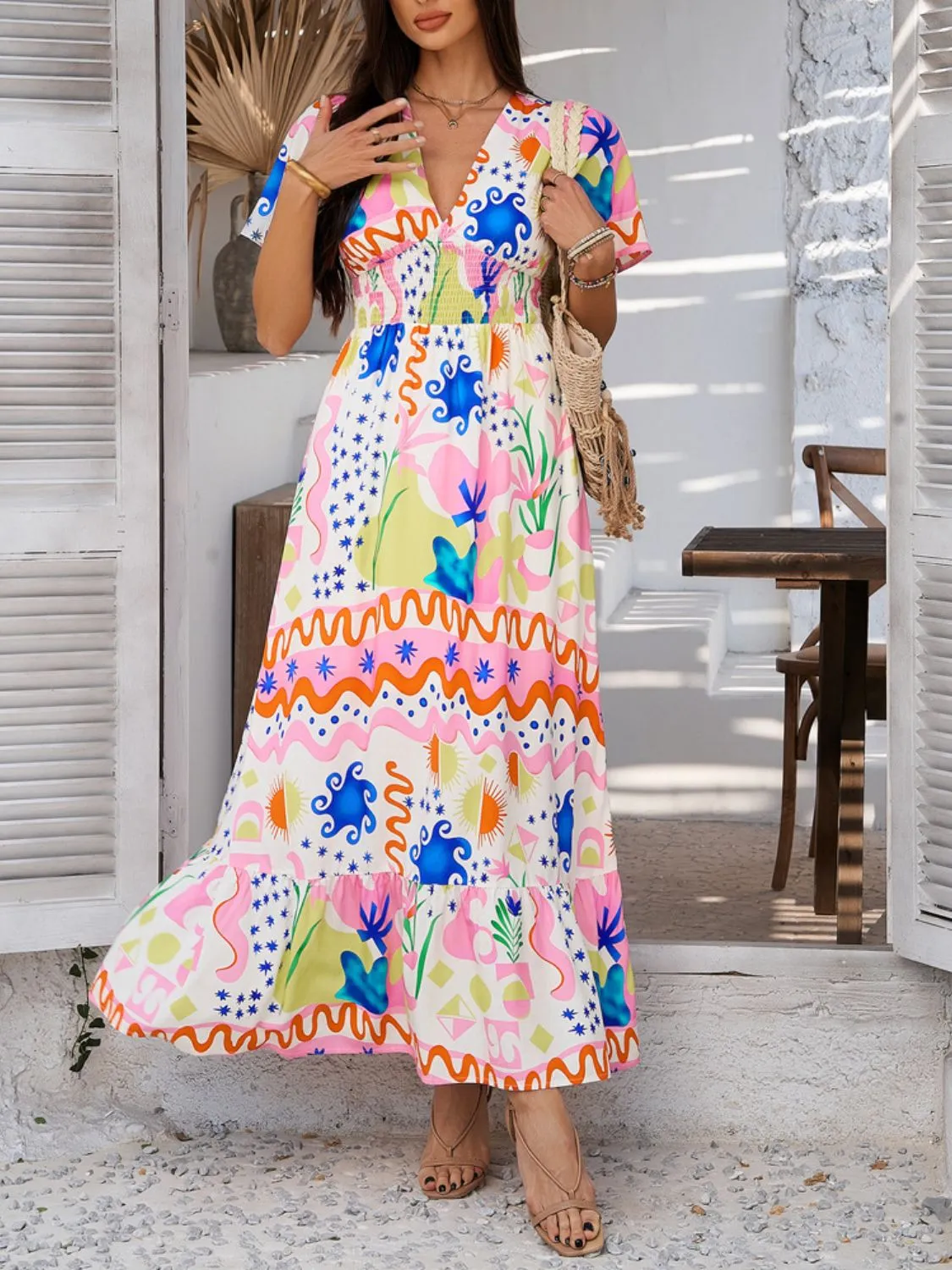 Hazel Blues® |  Devine Smocked Printed V-Neck Short Sleeve Maxi Dress