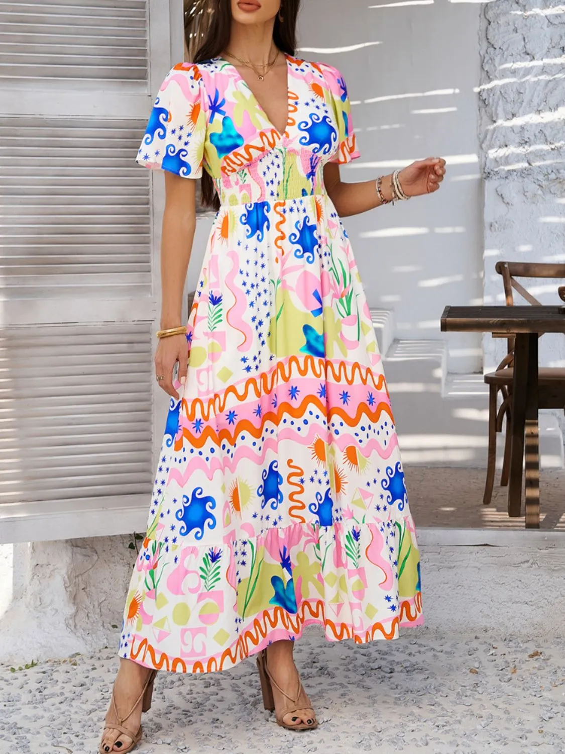 Hazel Blues® |  Devine Smocked Printed V-Neck Short Sleeve Maxi Dress