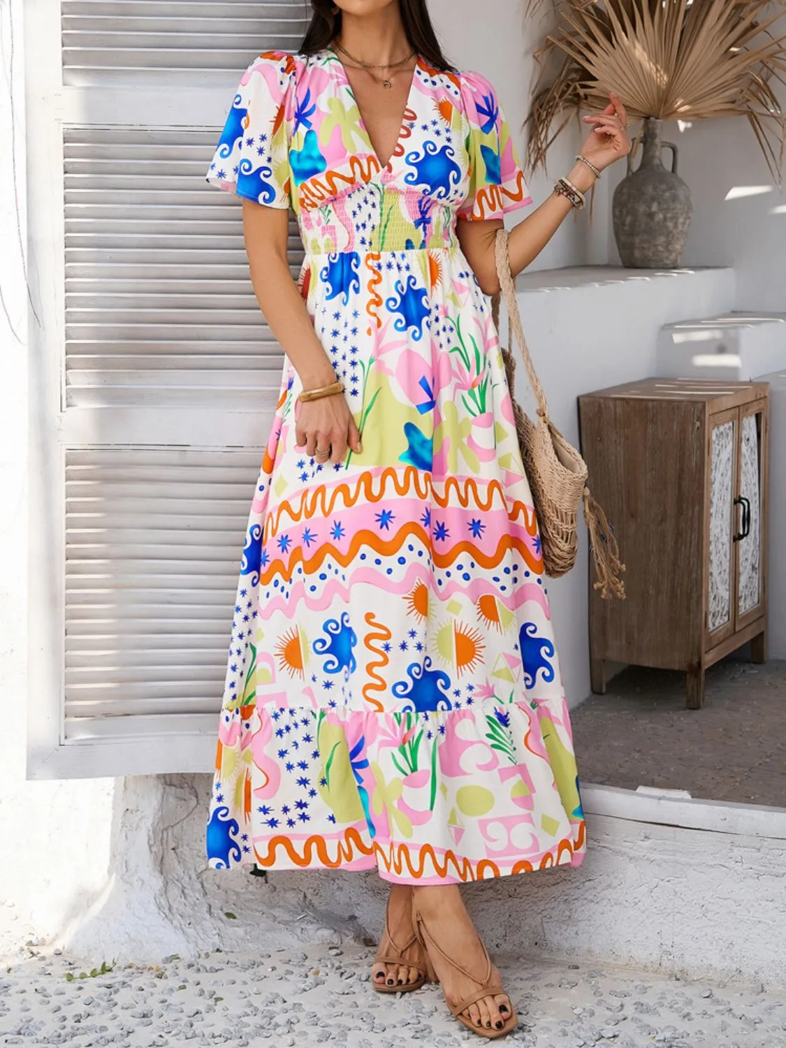 Hazel Blues® |  Devine Smocked Printed V-Neck Short Sleeve Maxi Dress