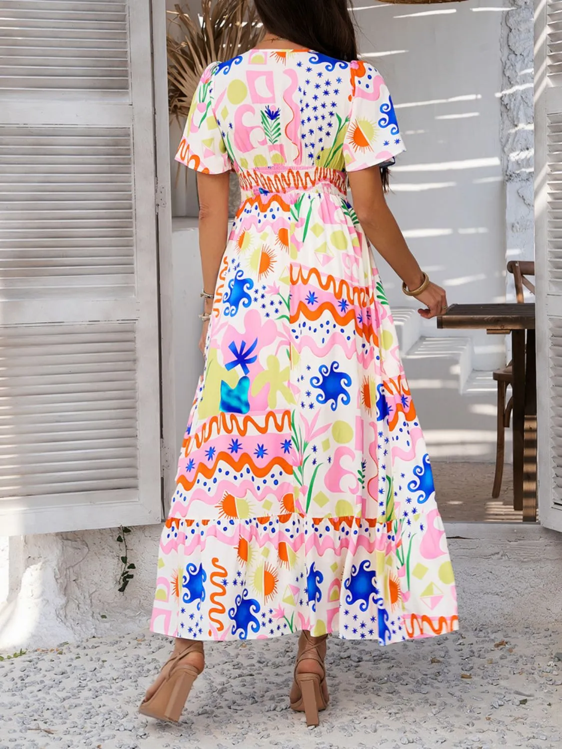 Hazel Blues® |  Devine Smocked Printed V-Neck Short Sleeve Maxi Dress