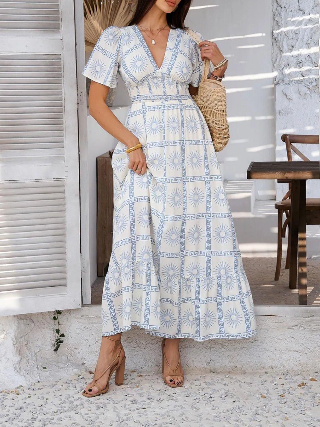 Hazel Blues® |  Devine Smocked Printed V-Neck Short Sleeve Maxi Dress