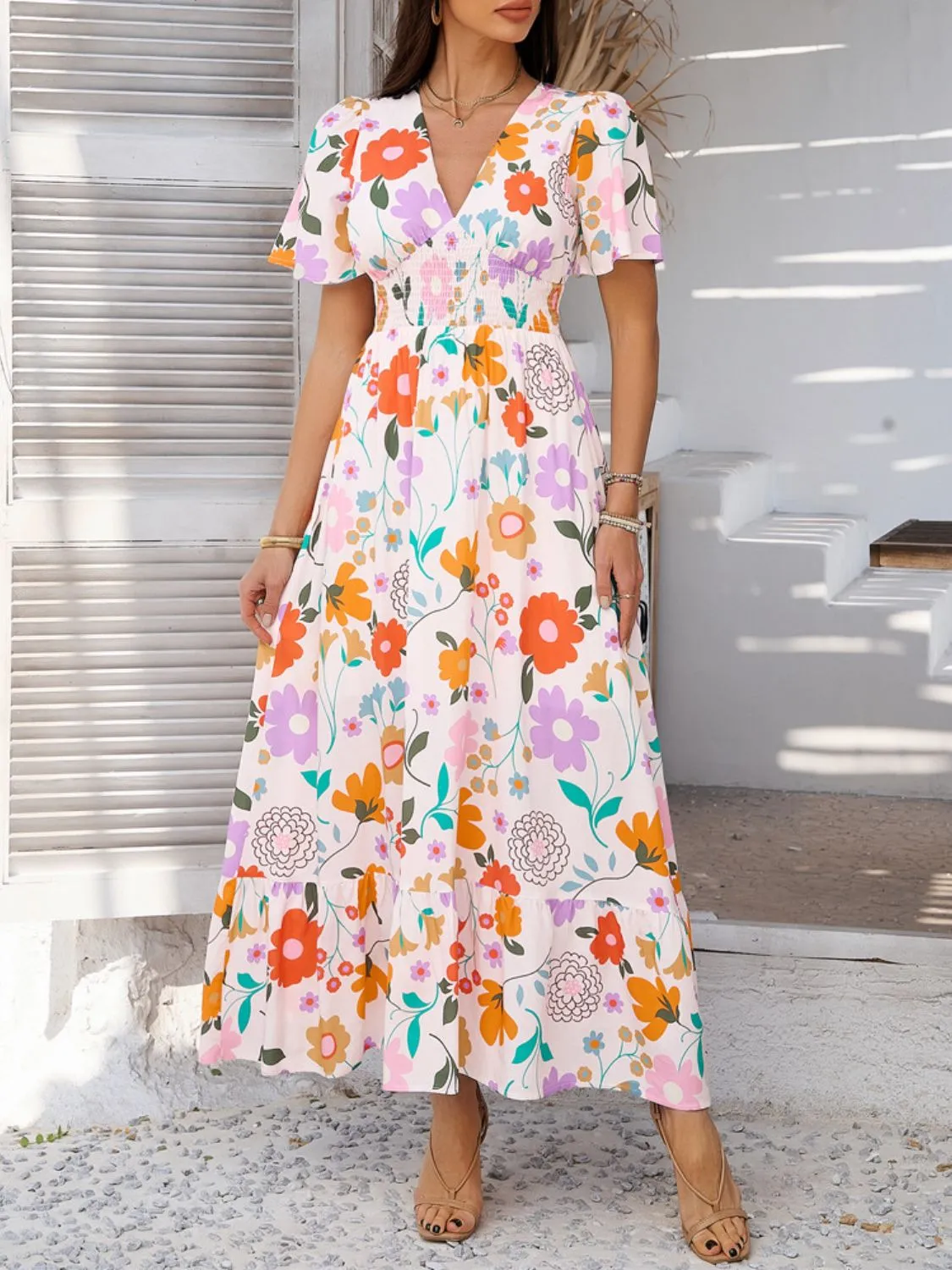 Hazel Blues® |  Devine Smocked Printed V-Neck Short Sleeve Maxi Dress