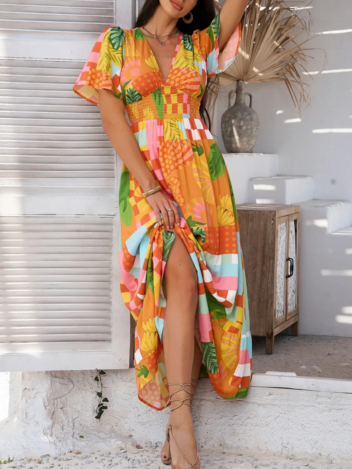 Hazel Blues® |  Devine Smocked Printed V-Neck Short Sleeve Maxi Dress