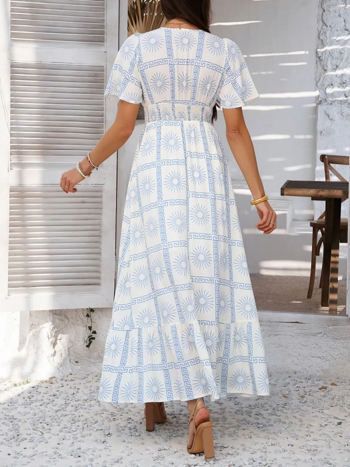 Hazel Blues® |  Devine Smocked Printed V-Neck Short Sleeve Maxi Dress