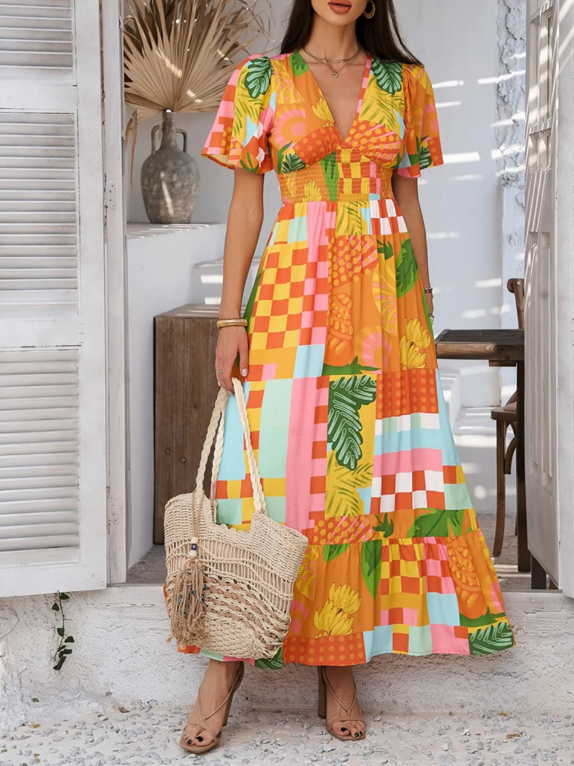 Hazel Blues® |  Devine Smocked Printed V-Neck Short Sleeve Maxi Dress