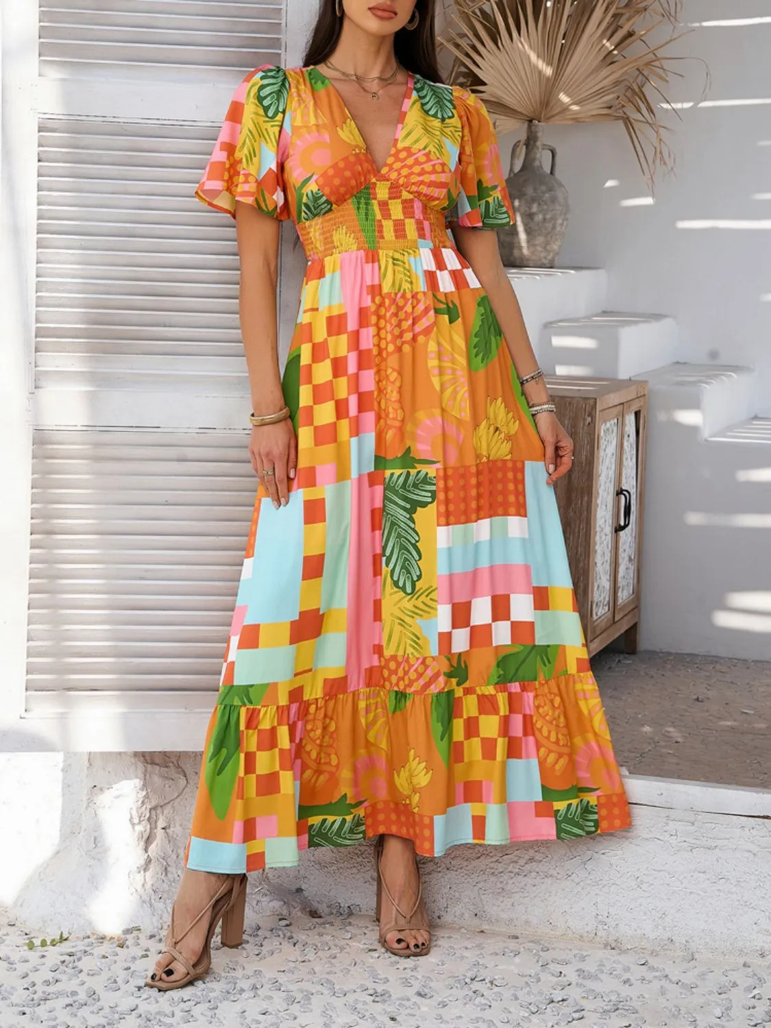 Hazel Blues® |  Devine Smocked Printed V-Neck Short Sleeve Maxi Dress