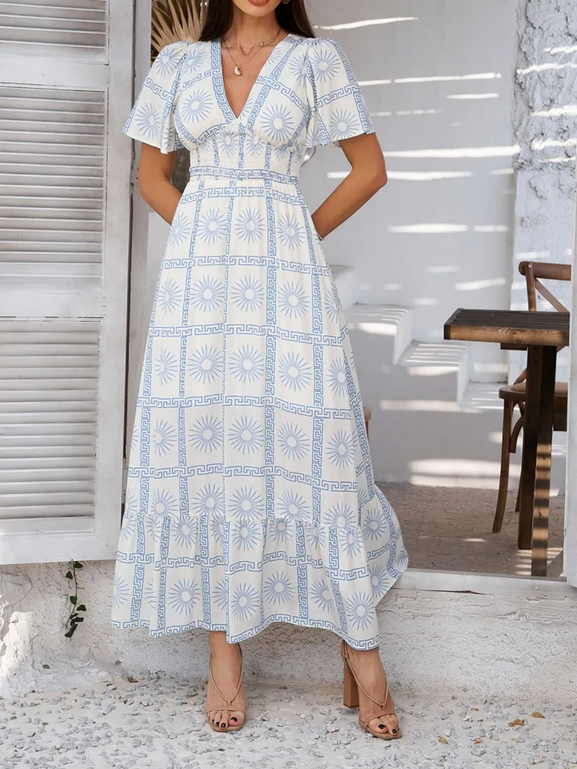 Hazel Blues® |  Devine Smocked Printed V-Neck Short Sleeve Maxi Dress