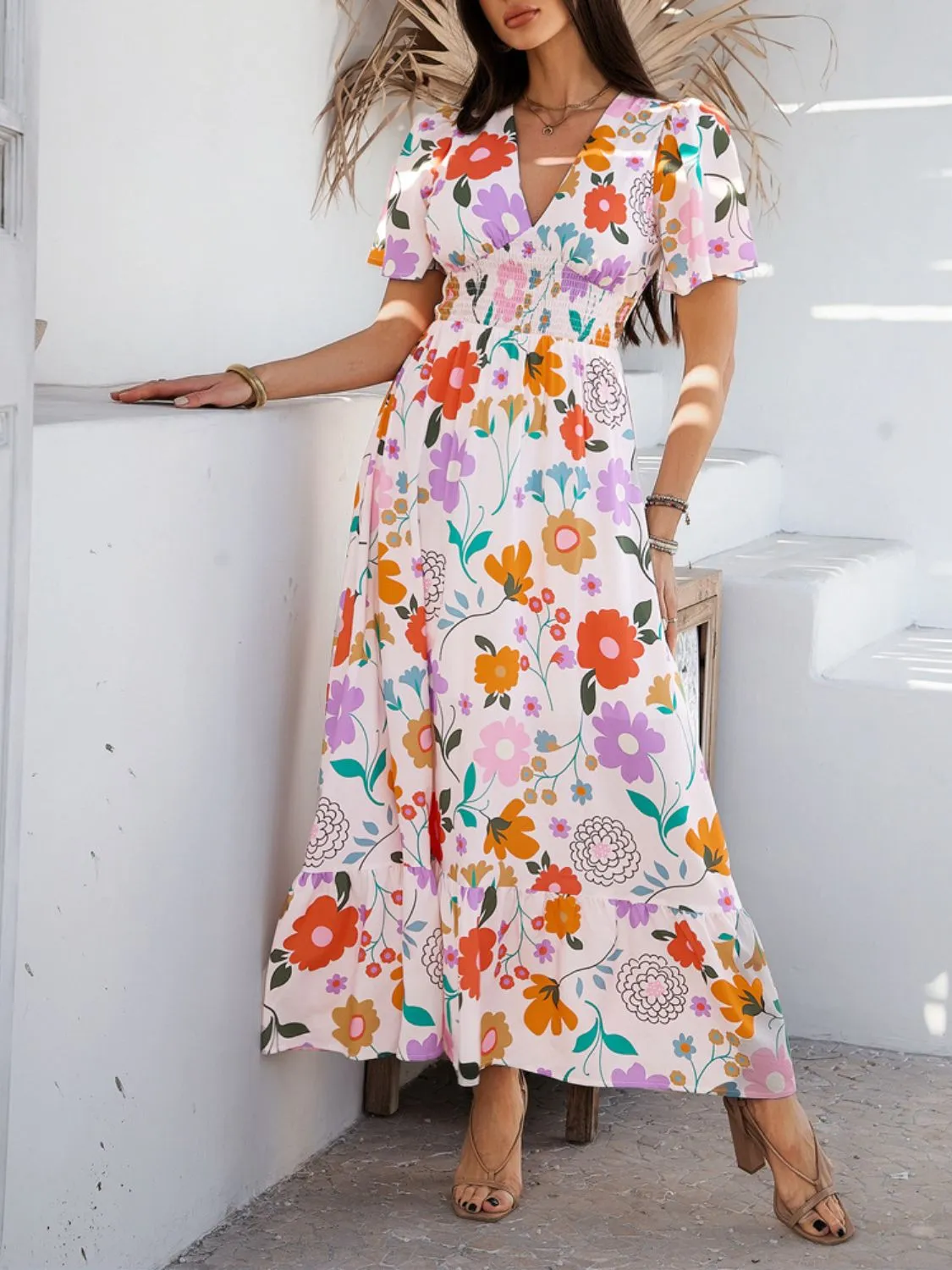 Hazel Blues® |  Devine Smocked Printed V-Neck Short Sleeve Maxi Dress