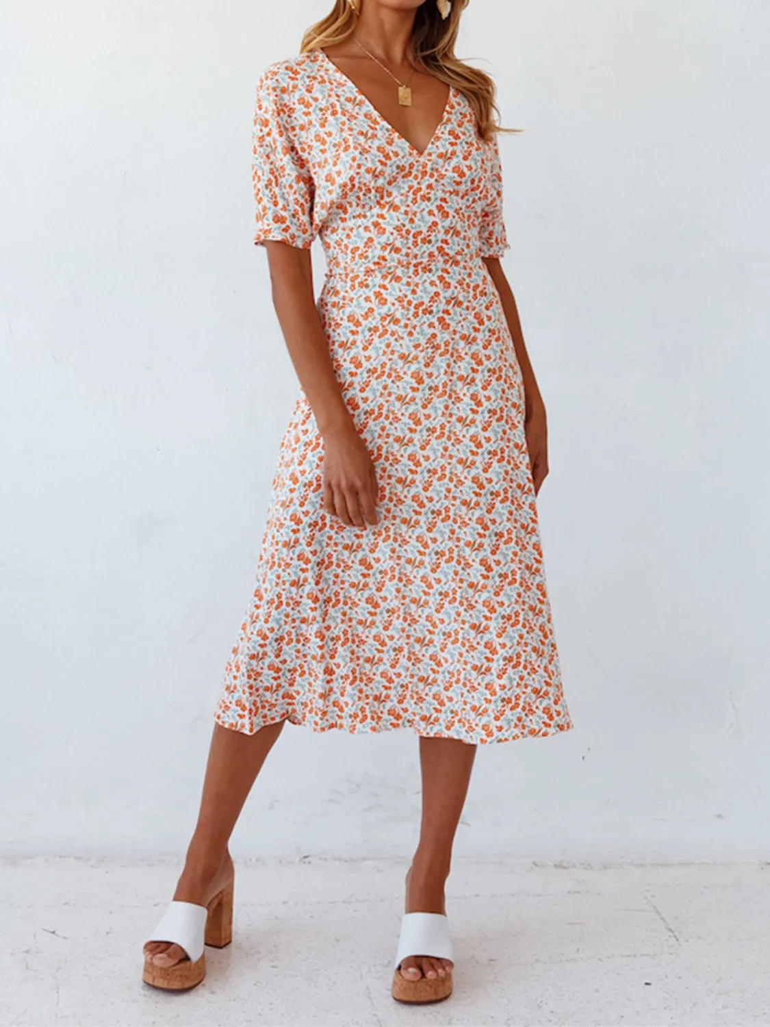 Hazel Blues® |  Ditsy Floral V-Neck Short Sleeve Midi Dress