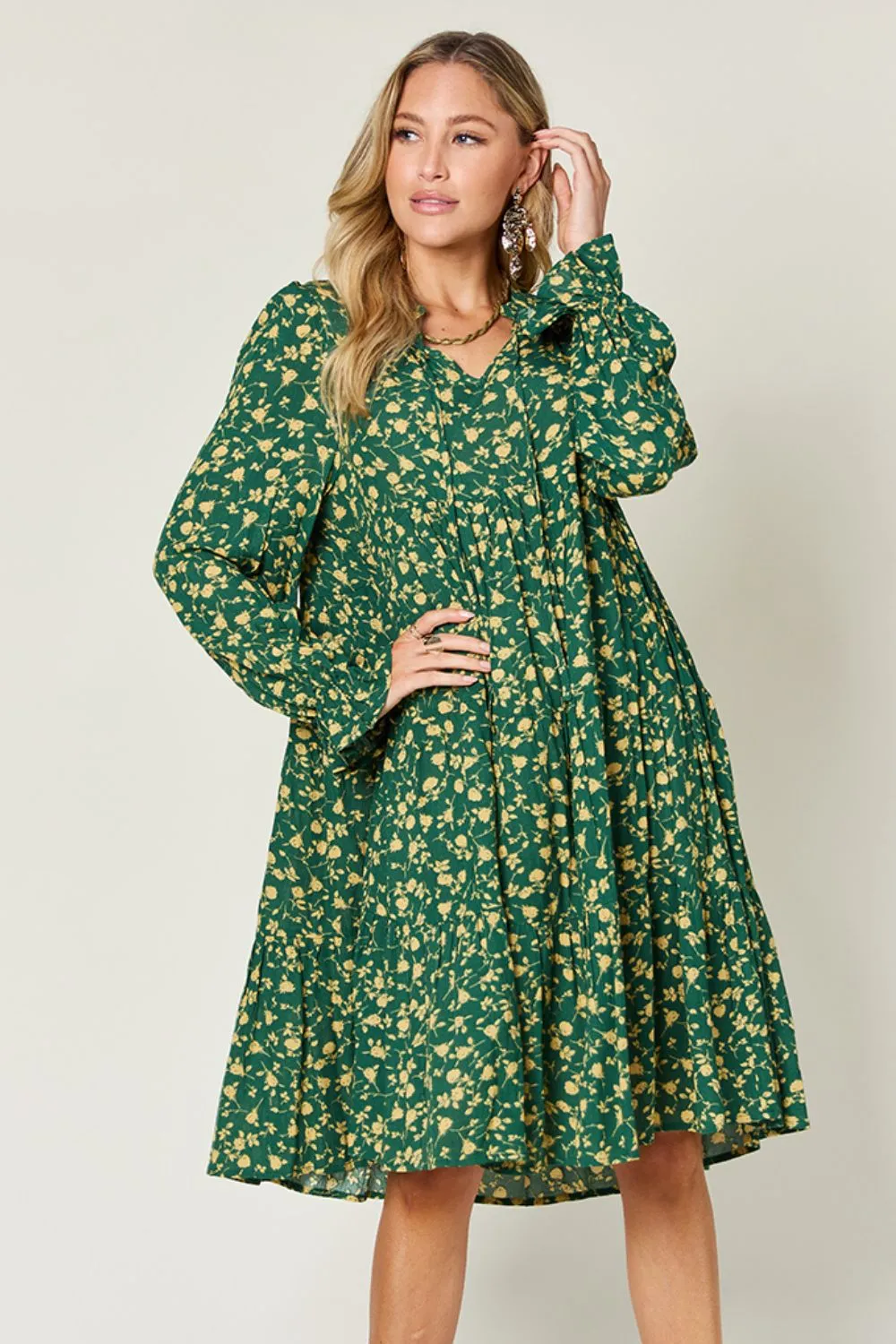 Hazel Blues® | Double Take Printed Ruffle Hem Long Sleeve Dress