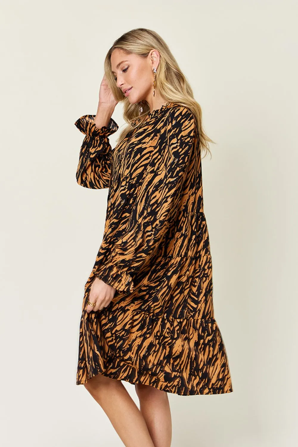 Hazel Blues® |  Double Take Printed Ruffle Hem Long Sleeve Dress