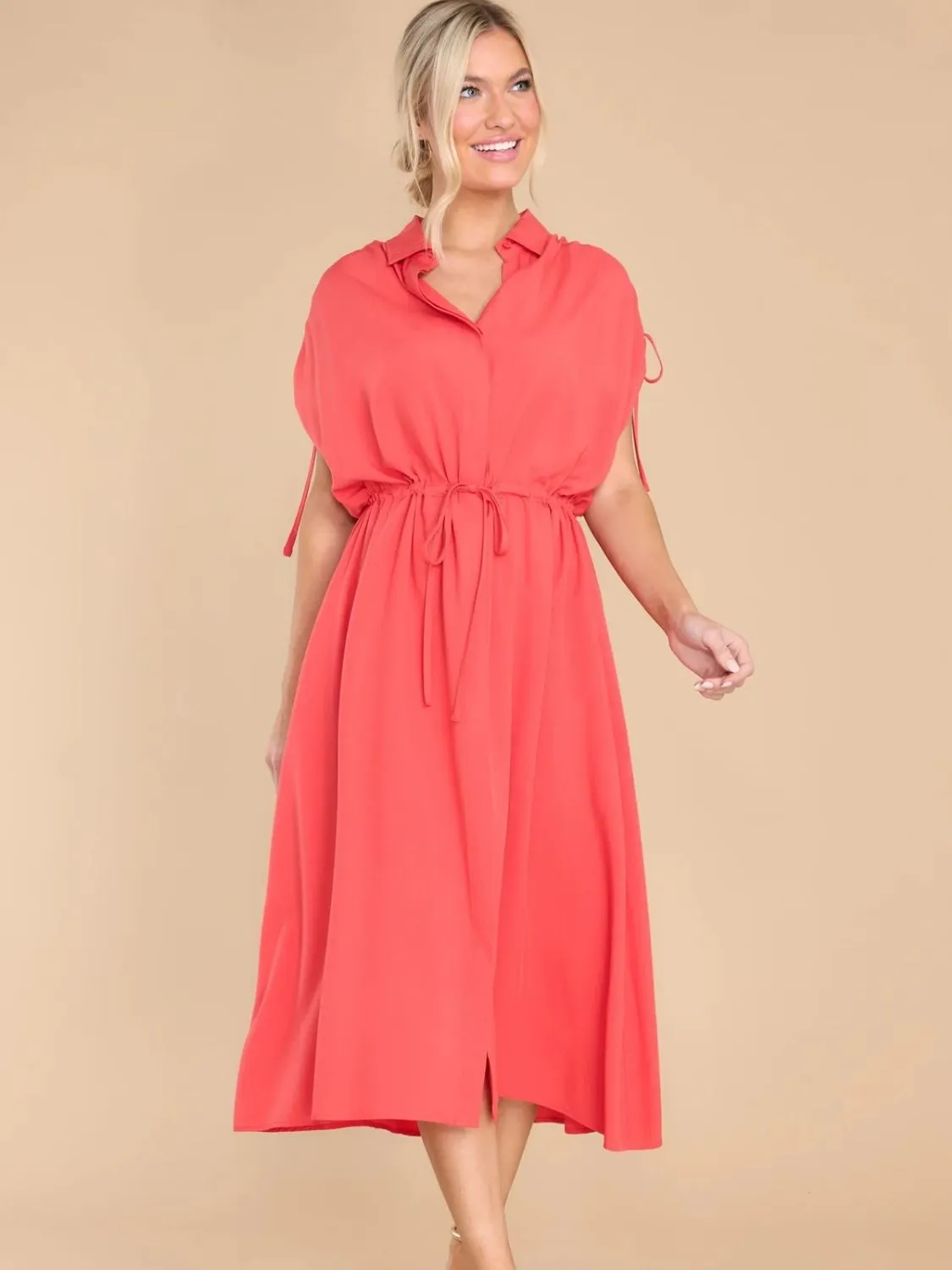 Hazel Blues® |  Drawstring Collared Neck Short Sleeve Midi Dress