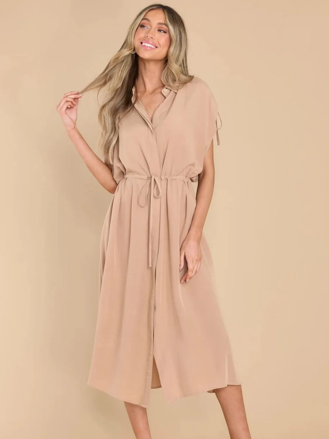 Hazel Blues® |  Drawstring Collared Neck Short Sleeve Midi Dress