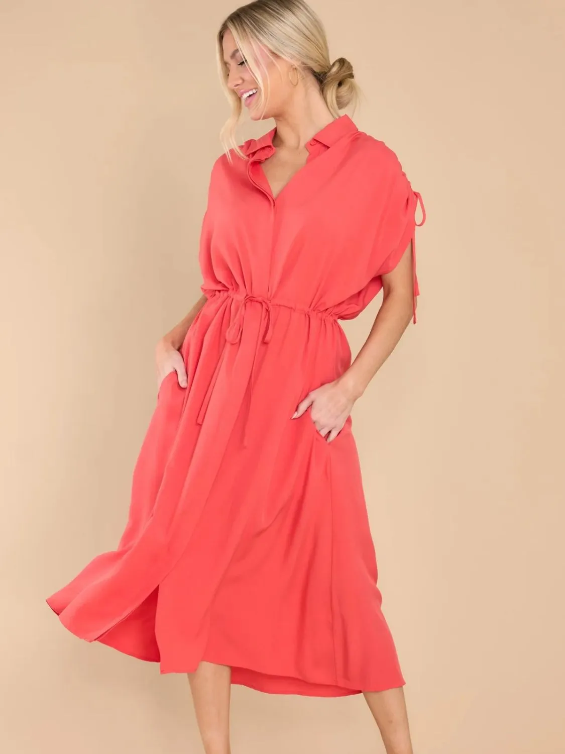 Hazel Blues® |  Drawstring Collared Neck Short Sleeve Midi Dress