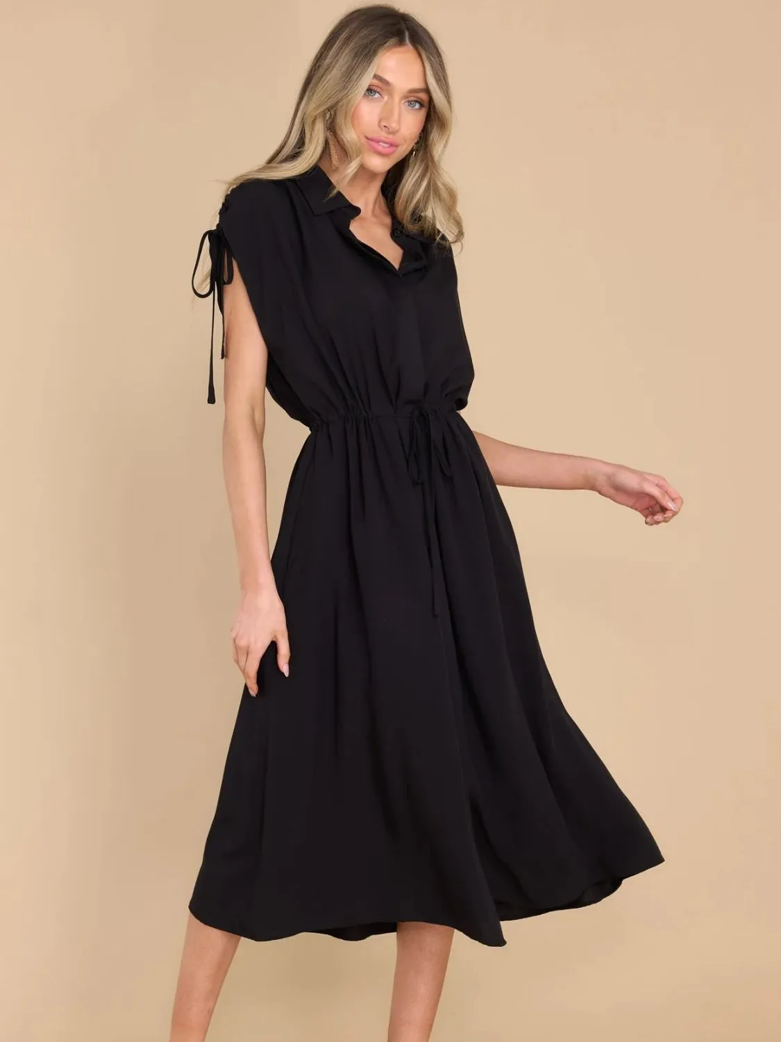 Hazel Blues® |  Drawstring Collared Neck Short Sleeve Midi Dress