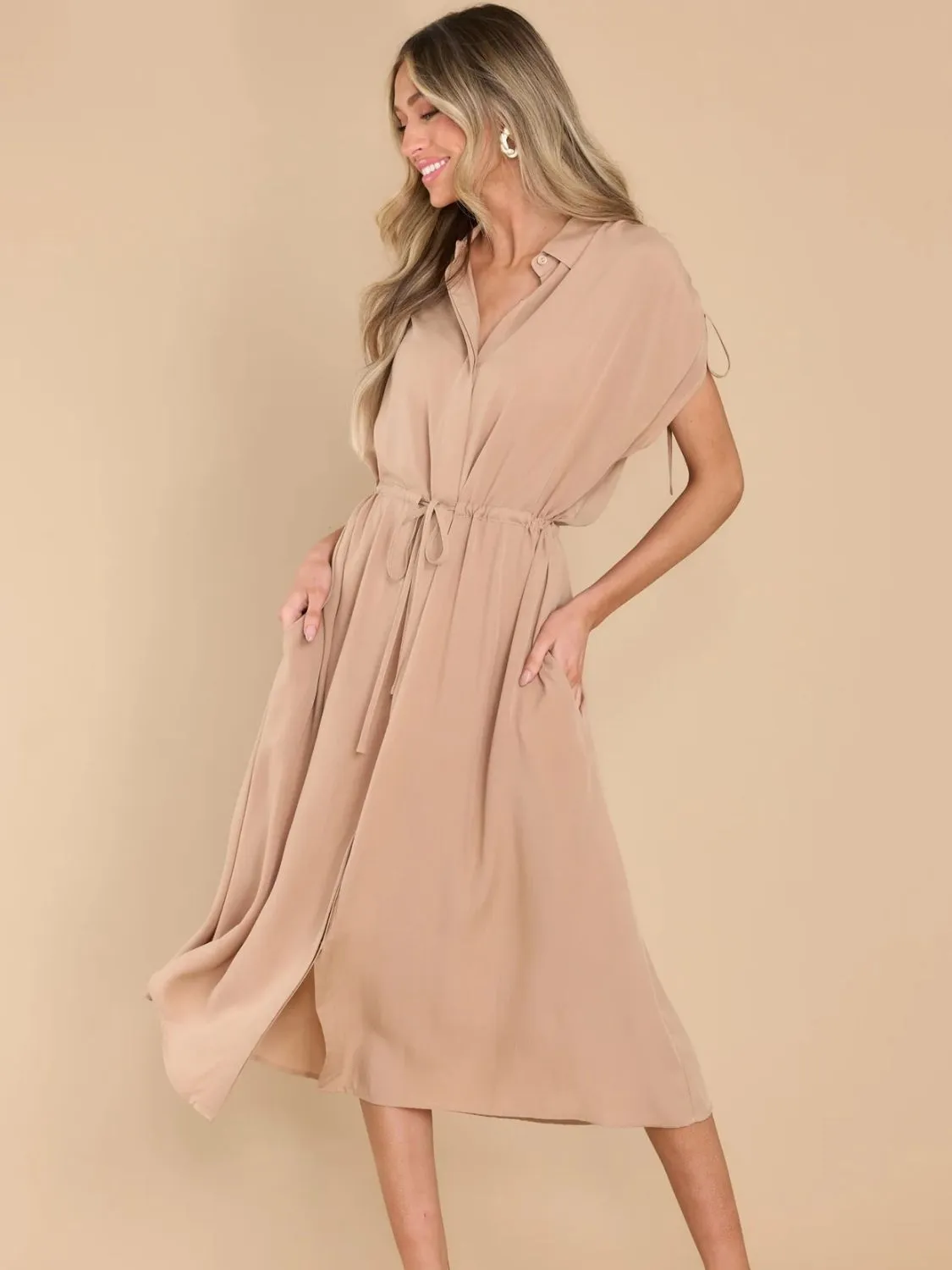 Hazel Blues® |  Drawstring Collared Neck Short Sleeve Midi Dress