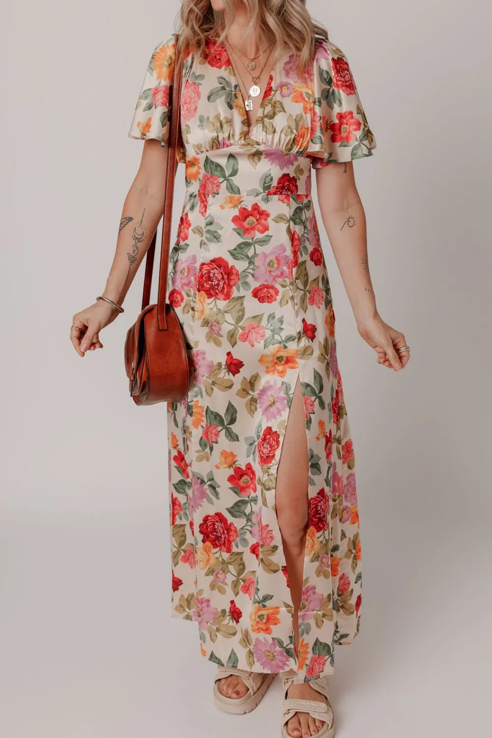 Hazel Blues® |  Floral Short Sleeve Tie Back Slit Dress