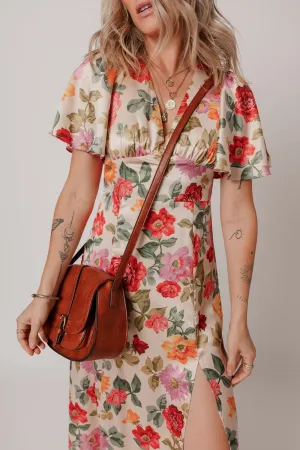 Hazel Blues® |  Floral Short Sleeve Tie Back Slit Dress