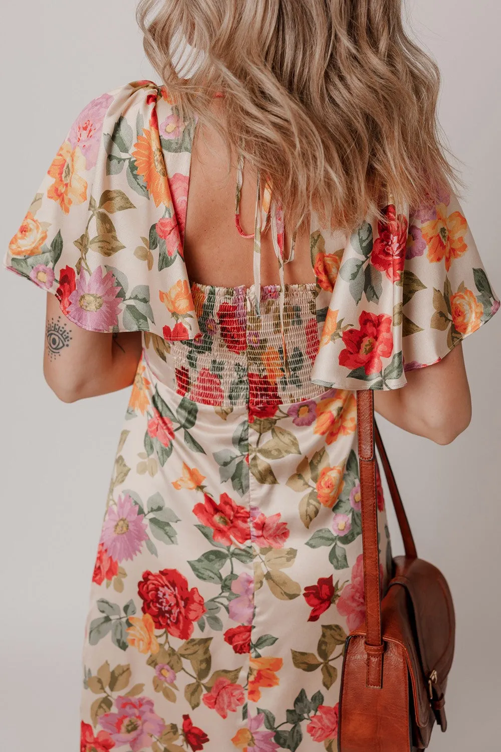 Hazel Blues® |  Floral Short Sleeve Tie Back Slit Dress