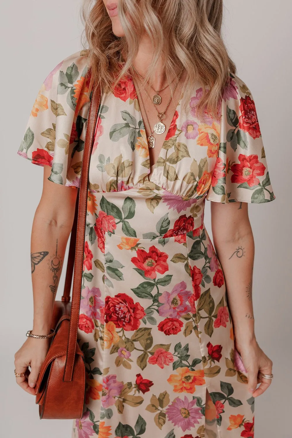 Hazel Blues® |  Floral Short Sleeve Tie Back Slit Dress