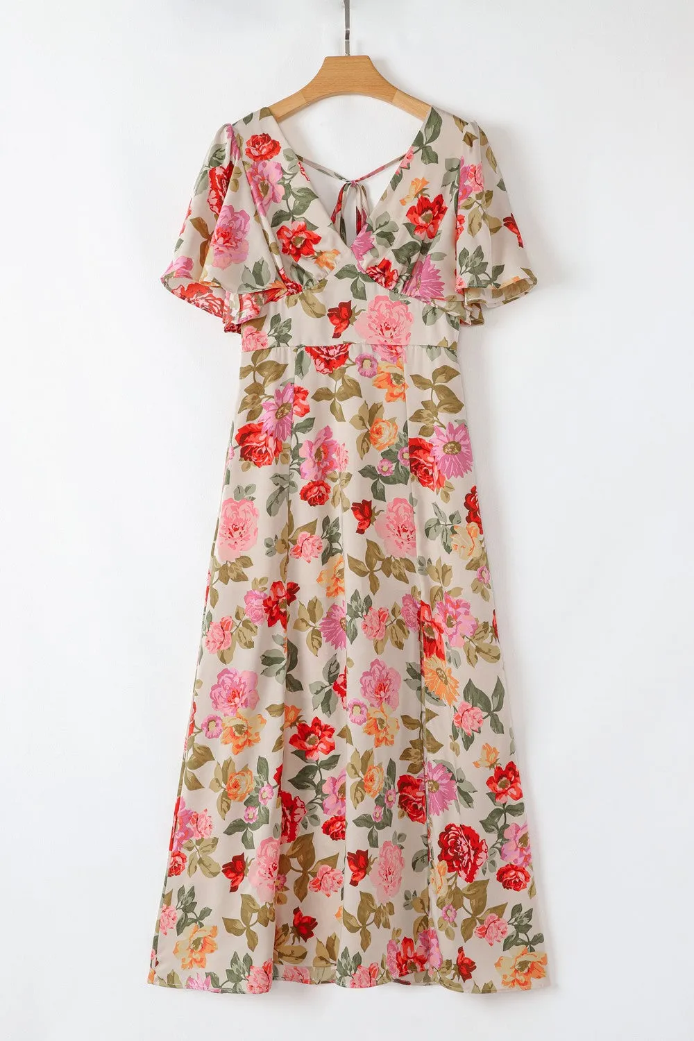 Hazel Blues® |  Floral Short Sleeve Tie Back Slit Dress