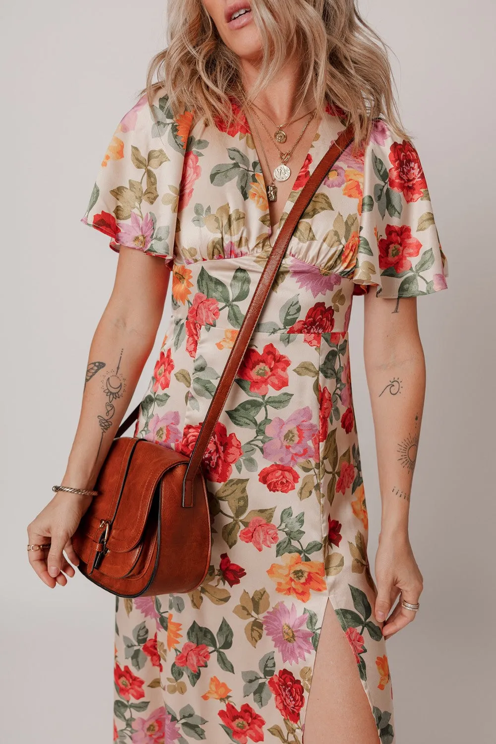 Hazel Blues® |  Floral Short Sleeve Tie Back Slit Dress