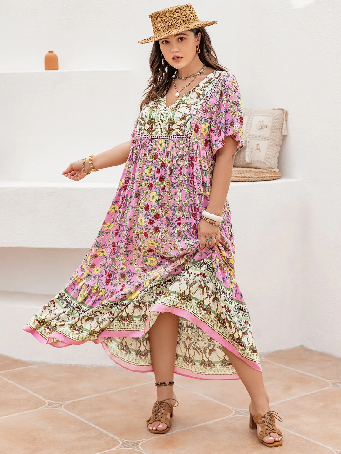 Hazel Blues® | Floral Tie Neck Flutter Sleeve Maxi Dress