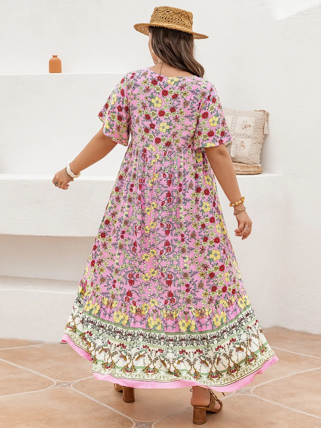 Hazel Blues® | Floral Tie Neck Flutter Sleeve Maxi Dress
