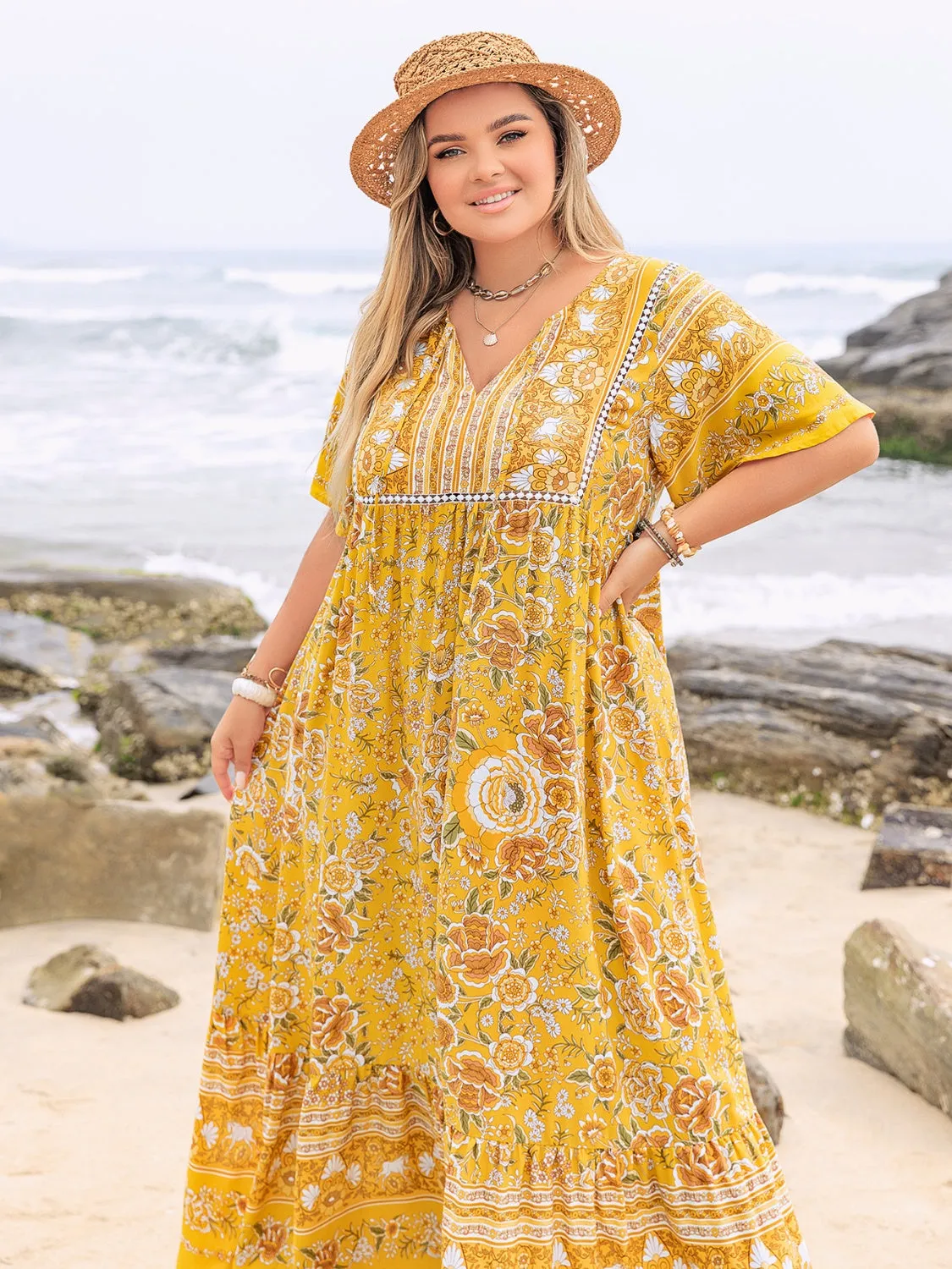 Hazel Blues® | Floral Tie Neck Flutter Sleeve Maxi Dress
