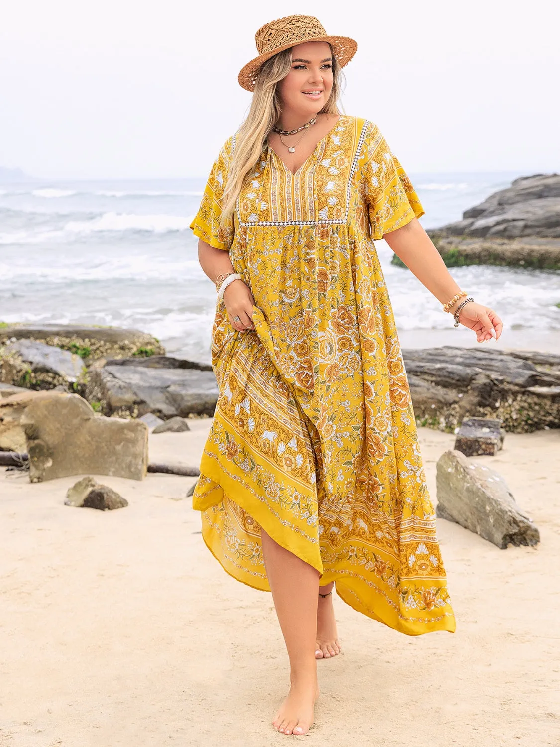 Hazel Blues® | Floral Tie Neck Flutter Sleeve Maxi Dress