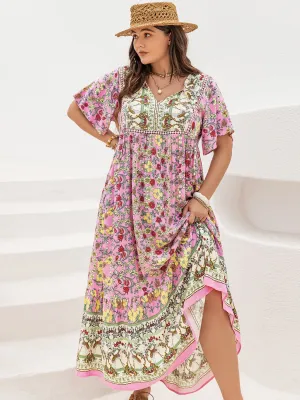 Hazel Blues® | Floral Tie Neck Flutter Sleeve Maxi Dress