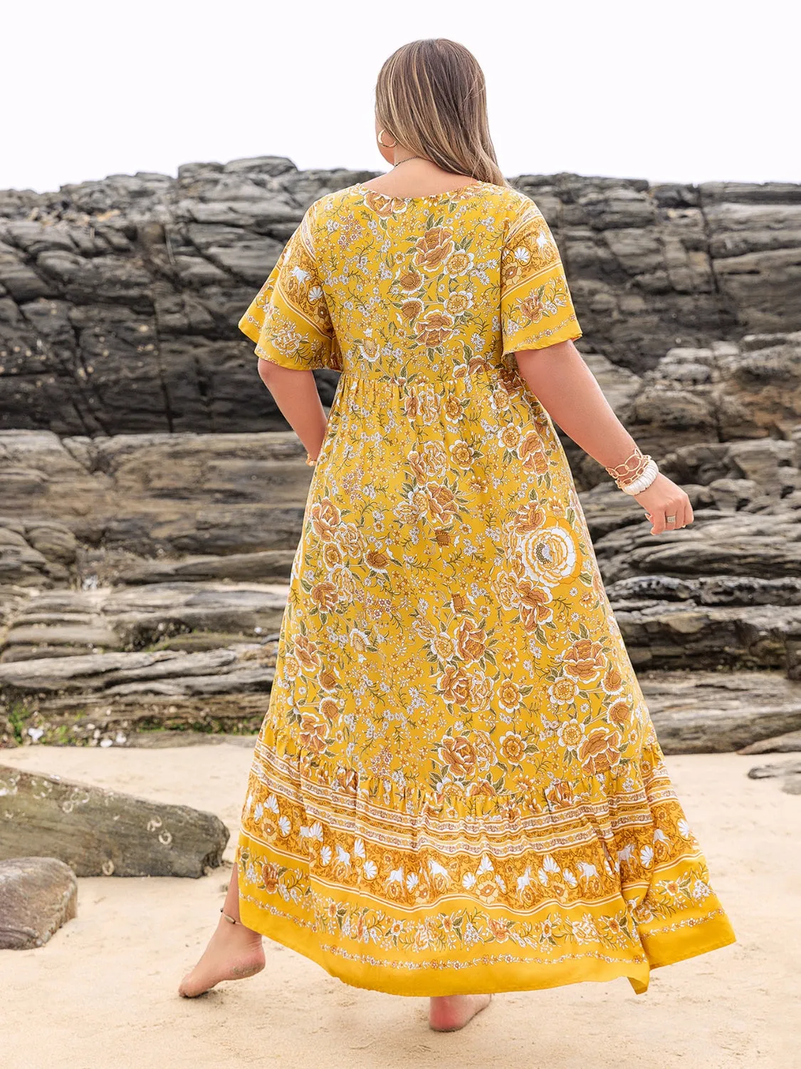 Hazel Blues® | Floral Tie Neck Flutter Sleeve Maxi Dress