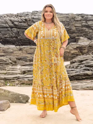 Hazel Blues® | Floral Tie Neck Flutter Sleeve Maxi Dress